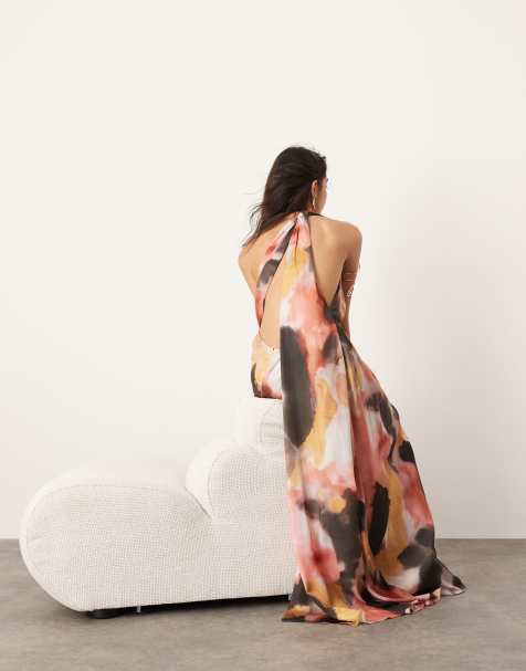 ASOS EDITION - Vestito lungo allacciato al collo in raso con stampa stile acquerello, tasche e dettagli arricciati - view 1