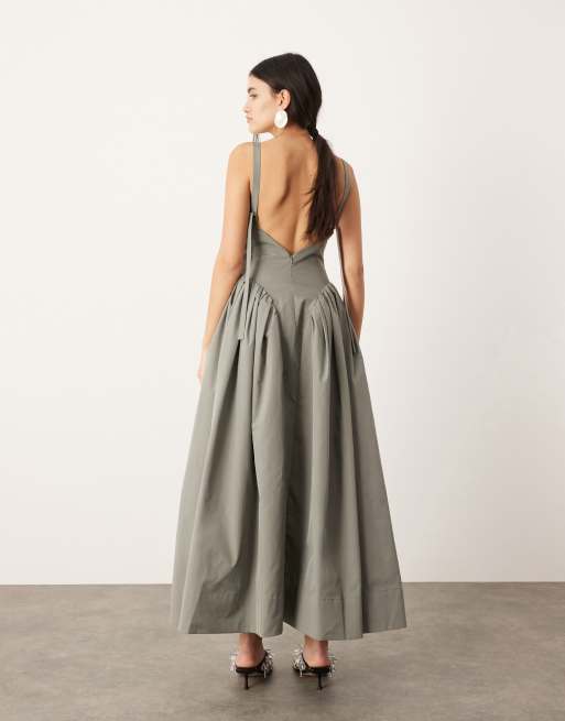 ASOS EDITION - Vestito lungo arricciato grigio con vita scesa e dettaglio a D, 3 di 4