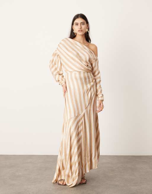 ASOS EDITION - Vestito lungo color pietra a righe con spalle scivolate