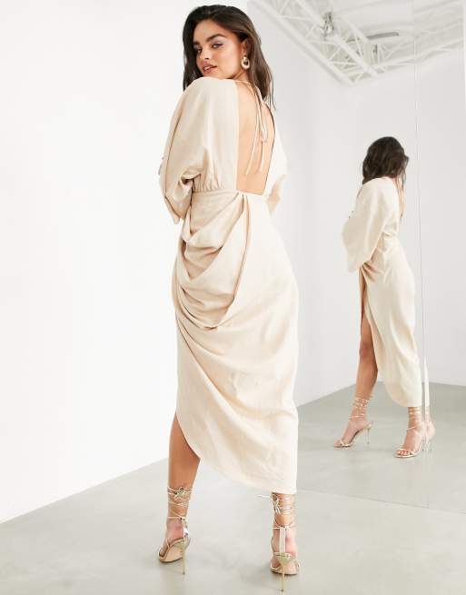 ASOS EDITION - Vestito lungo con scollo profondo e gonna avvolgente in lino, color pietra, 2 di 4