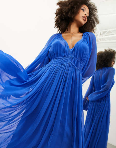 ASOS Edition - Vestito lungo in chiffon blu acceso raccolto in vita - view 1