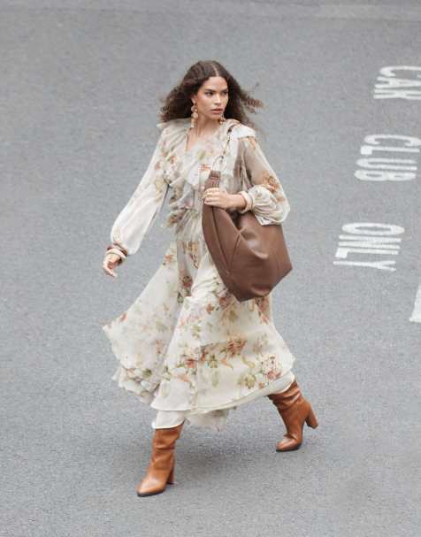 ASOS EDITION - Vestito lungo in chiffon color crema a fiori con bordi grezzi, coulisse in vita e volant - view 1