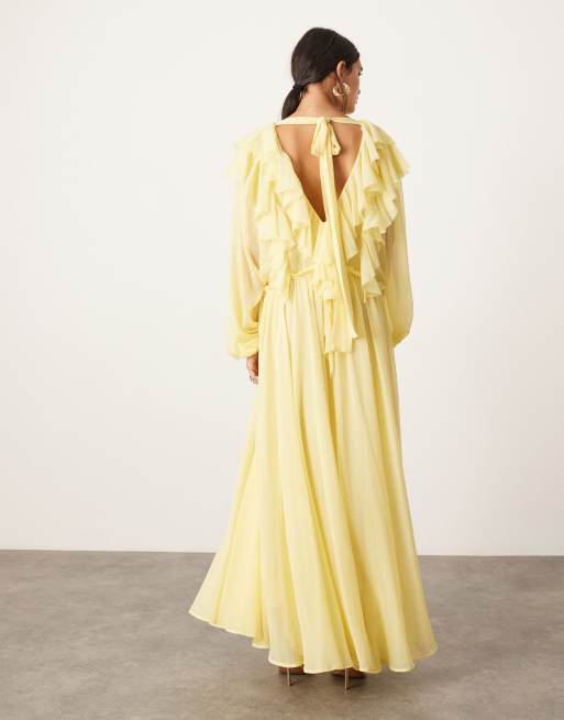 ASOS EDITION - Vestito lungo in chiffon giallo limone con bordi grezzi, coulisse in vita e volant , 3 di 4