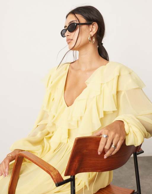ASOS EDITION - Vestito lungo in chiffon giallo limone con bordi grezzi, coulisse in vita e volant , 4 di 4