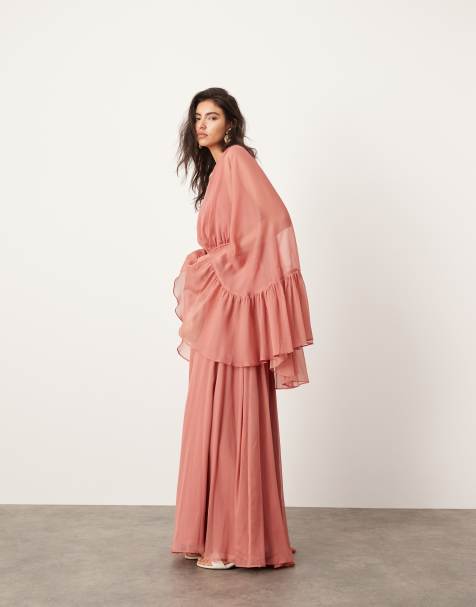 ASOS Edition - Vestito lungo in chiffon rosa crepuscolare con maniche molto ampie e volant sul retro - view 1