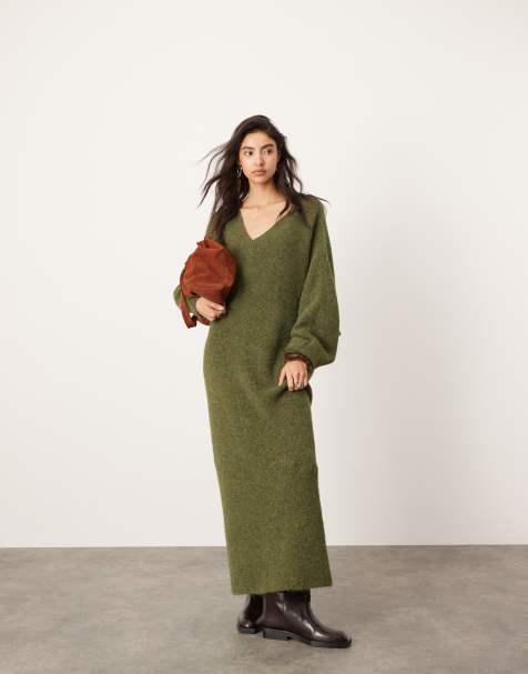 ASOS EDITION - Vestito lungo in maglia verde kaki con scollo a V - view 1