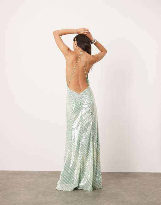 ASOS EDITION - Vestito lungo in paillettes menta con stampa a righe e scollo ad anello profondo