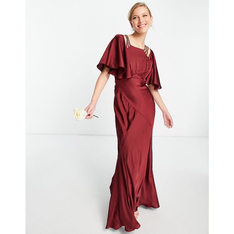  Donna Edition - Vestito lungo in raso con maniche con volant e fascette color vino