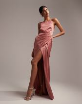 ASOS EDITION - Vestito lungo in raso rosa crepuscolare con scollo squadrato e spacco laterale