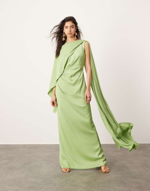 ASOS EDITION - Vestito lungo in raso verde salvia con vita arricciata e dettaglio drappeggiato