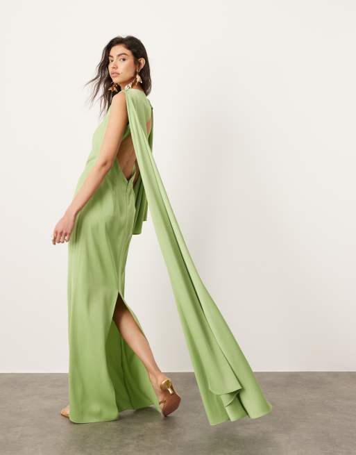 ASOS EDITION Vestito lungo in raso verde salvia con vita arricciata e dettaglio drappeggiato ASOS