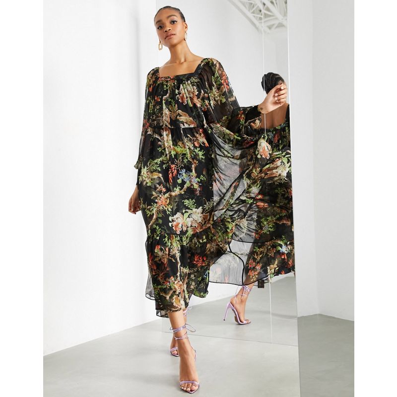 Donna Designer EDITION - Vestito lungo oversize con scollo quadrato e stampa boschiva