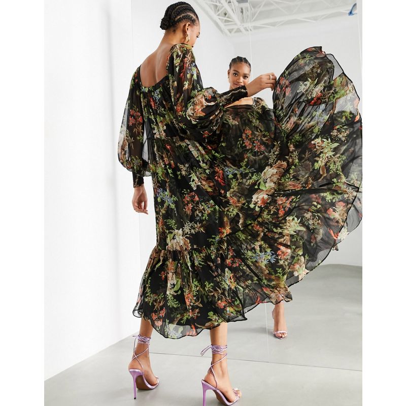 Donna Designer EDITION - Vestito lungo oversize con scollo quadrato e stampa boschiva