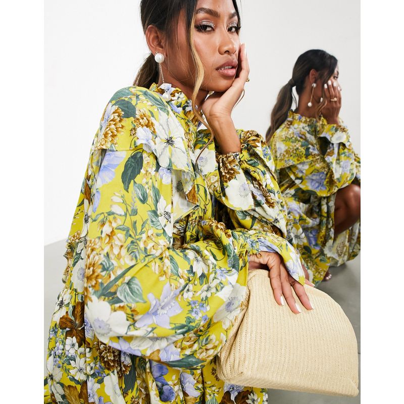 Donna Designer EDITION - Vestito lungo oversize con volant giallo a fiori