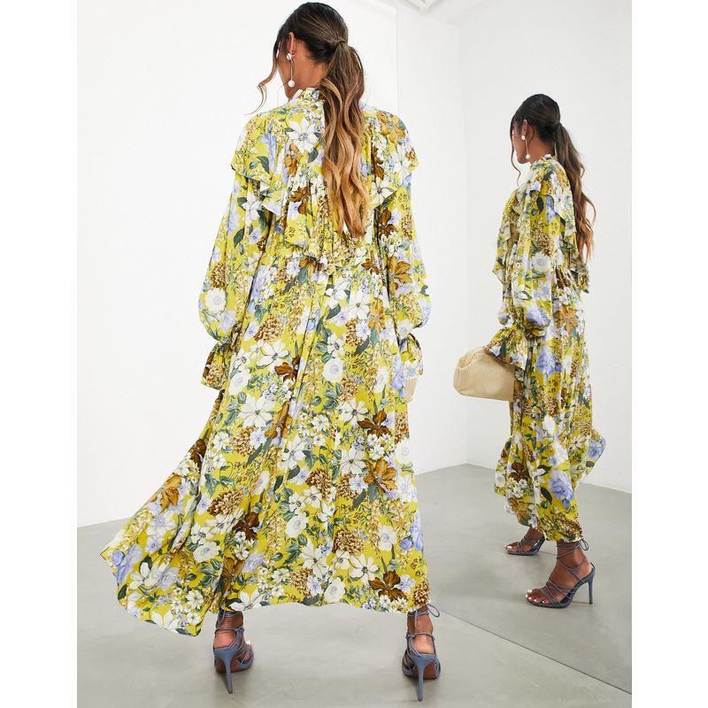 Donna Designer EDITION - Vestito lungo oversize con volant giallo a fiori