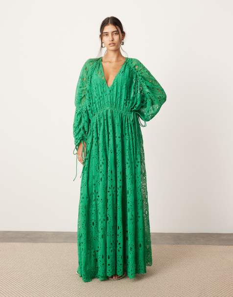 ASOS EDITION - Vestito lungo raccolto in vita in pizzo verde - view 1