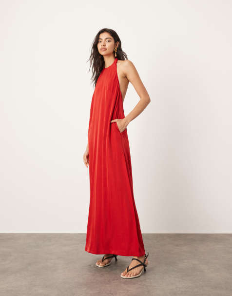 ASOS Edition - Vestito lungo rosso con tasche allacciato al collo con scollo profondo sul retro morbido - view 1