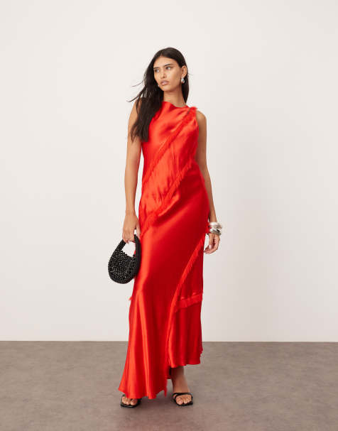 ASOS Edition - Vestito lungo senza maniche in raso rosso asimmetrico con frange - view 1
