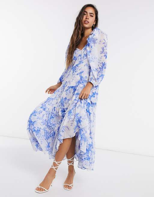 ASOS EDITION - Vestito midi a balze con maniche a sbuffo blu a fiori