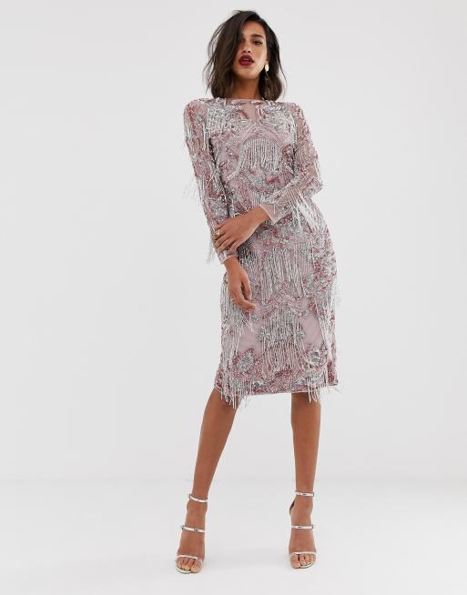 ASOS EDITION - Vestito midi a fiori con frange