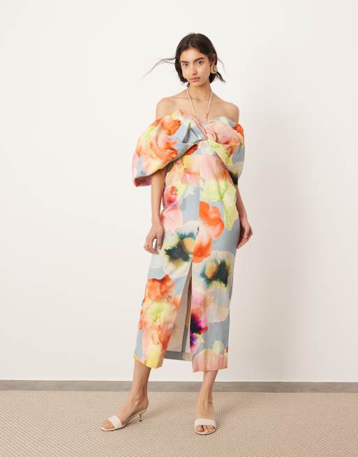 ASOS Edition - Vestito midi a fiori misti con scollo bardot e laccetti al collo
