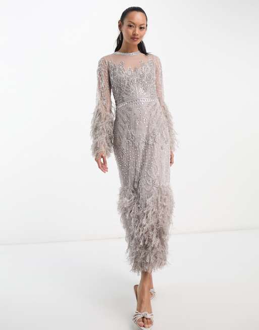 ASOS Edition - Vestito midi a maniche lunghe con perle e paillettes color antracite con piume sintetiche sul fondo
