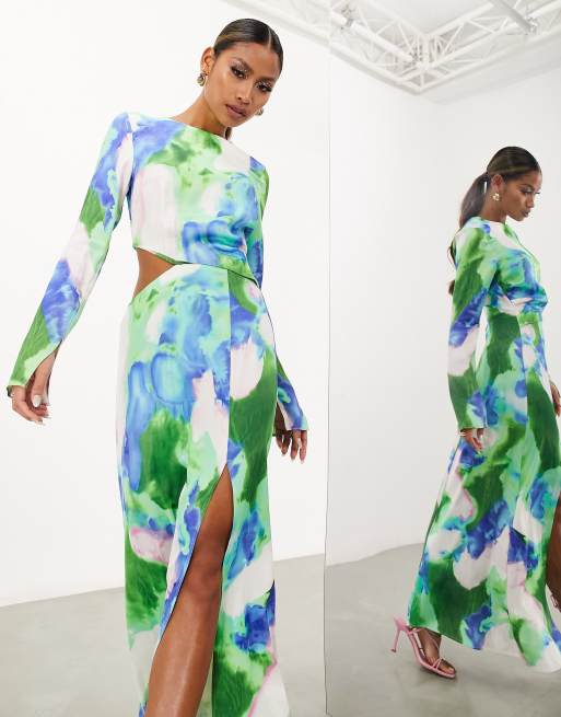 ASOS Edition - Vestito midi a maniche lunghe in raso verde con stampa effetto acquerello e cut-out, 4 di 4