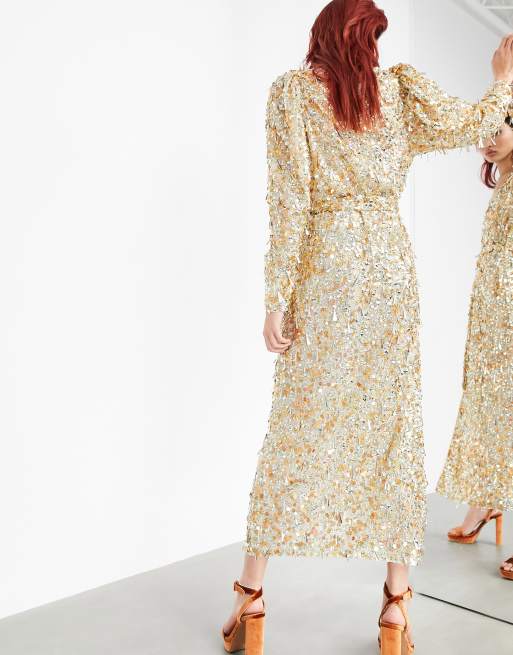 ASOS Edition - Vestito midi a portafoglio con paillette tonde e a goccia color oro, 2 di 4