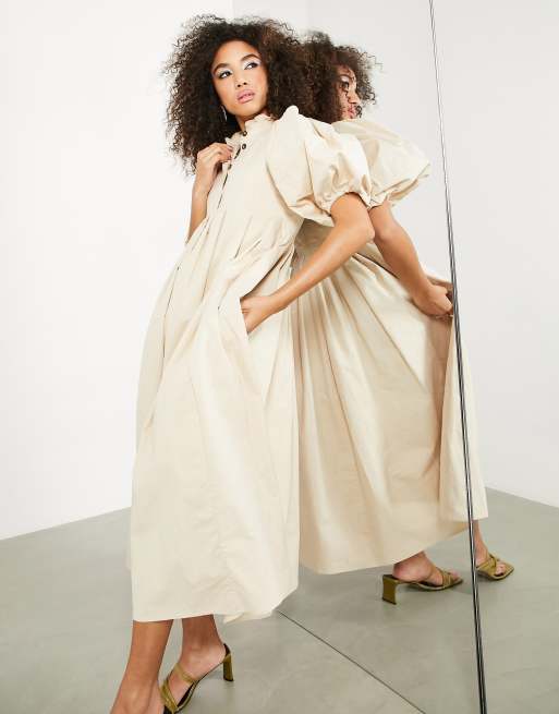 ASOS EDITION - Vestito midi accollato in cotone color pietra con gonna a ruota e bottoni sul davanti