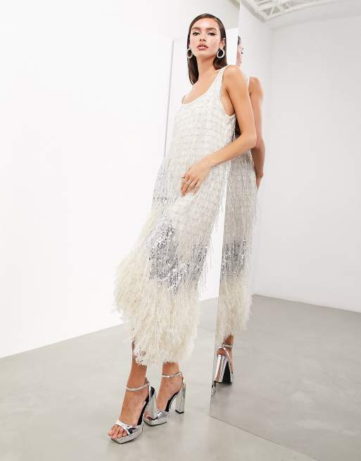 ASOS EDITION Vestito midi argento con scollo rotondo decorato
