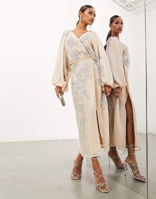 ASOS Edition - Vestito midi avvolgente color cipria decorato con fiori di strass