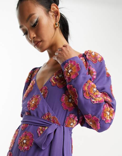 ASOS Edition - Vestito midi avvolgente viola a fiori in paillettes, 2 di 4
