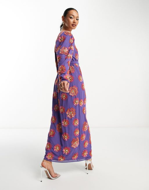ASOS Edition - Vestito midi avvolgente viola a fiori in paillettes, 3 di 4