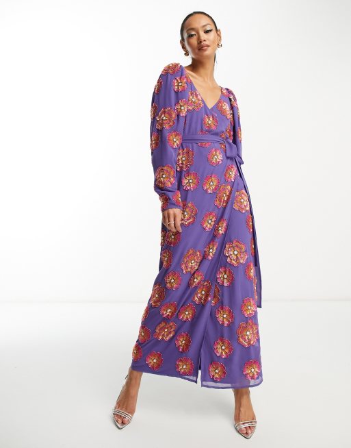 ASOS Edition - Vestito midi avvolgente viola a fiori in paillettes, 4 di 4
