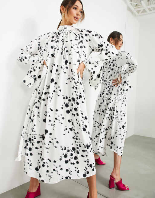 ASOS Edition - Vestito midi bianco con stampa a pois e coulisse