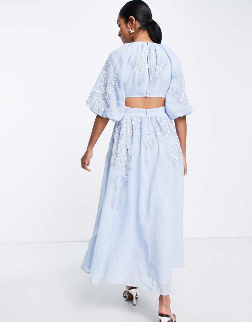 ASOS Edition - Vestito midi blu con ricamo con perline, cut-out sul retro e maniche a sbuffo, 2 di 4