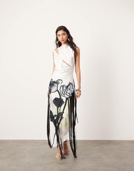 ASOS Edition - Vestito midi color crema con frange, ricami floreale e scollo ad anello sulla schiena