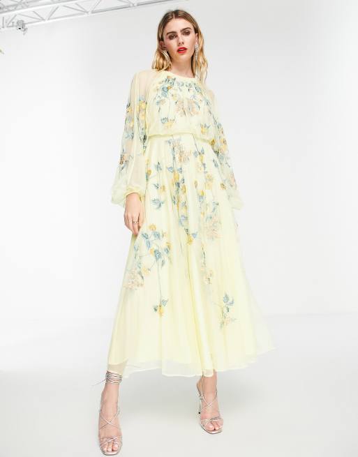 ASOS Edition - Vestito midi color limone con maniche a campana in rete con motivo floreale ricamato