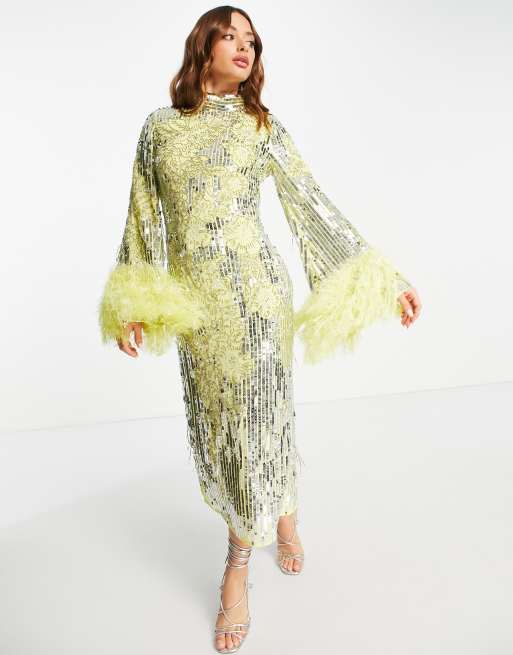ASOS EDITION - Vestito midi color limone con piume sintetiche sui polsini, paillettes a fiori e perline
