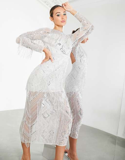 ASOS Edition - Vestito midi con frange sangallo color argento