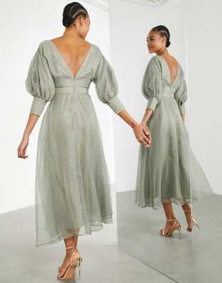Vestito midi con maniche a campana in organza kaki a quadri-Verde - ASOS EDITION  donna Verde - immagine2