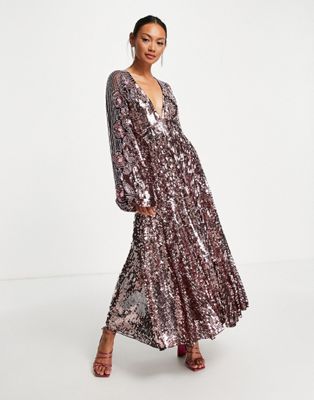 ASOS EDITION floral embellished midi dress with blouson sleeve in pink - ASOS Price Checker