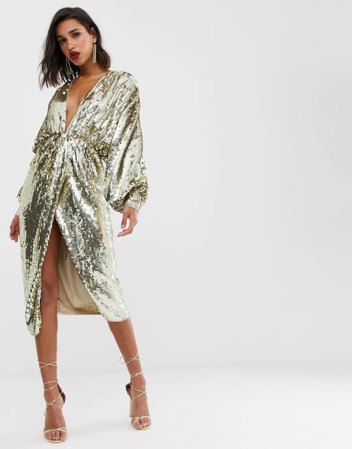 ASOS EDITION - Vestito midi con maniche ad ali di pipistrello e paillettes