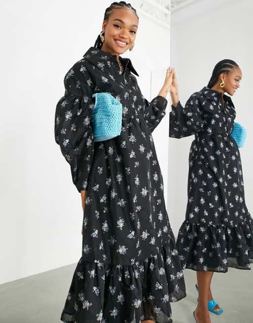 ASOS EDITION - Vestito midi con maniche scivolate e colletto a fiori metallizzati jacquard