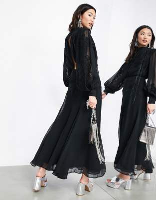 ASOS Edition - Vestito midi con ricami delicati e maniche a campana nero  donna Nero - immagine3