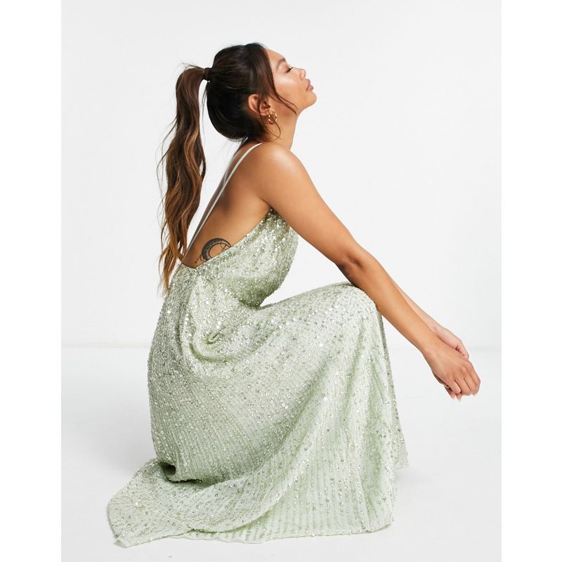 Designer Donna Edition - Vestito midi con spalline sottili verde salvia con decorazioni
