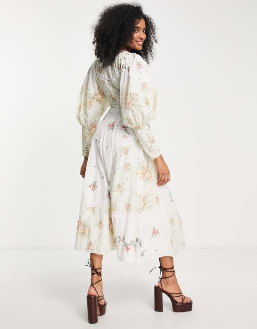 ASOS EDITION - Vestito midi crema a fiori ricamato con inserti in pizzo e scollo a V, 2 di 4