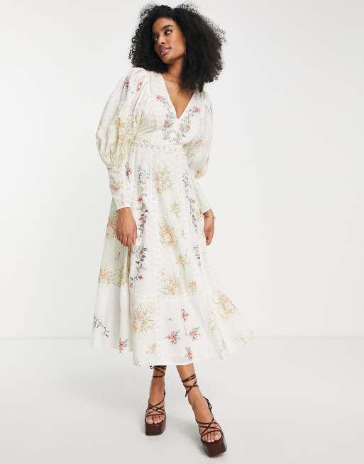 ASOS EDITION - Vestito midi crema a fiori ricamato con inserti in pizzo e scollo a V, 4 di 4