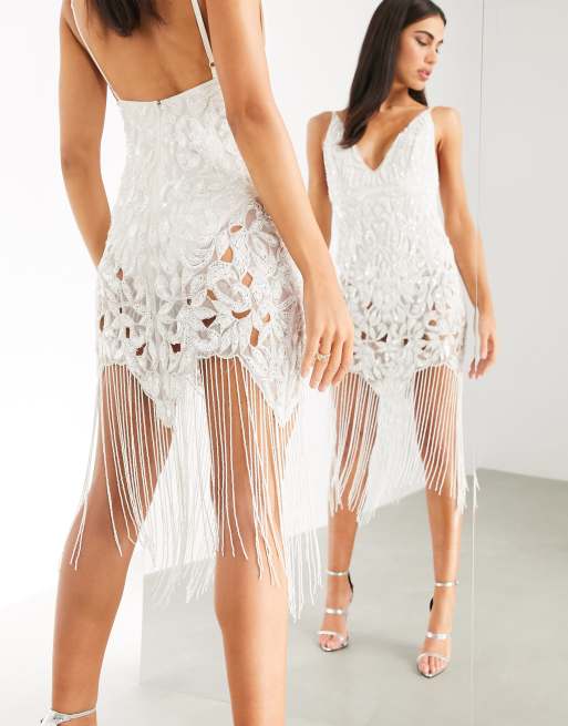 ASOS EDITION - Vestito midi di paillettes con spalline sottili, frange e cut-out, 2 di 4