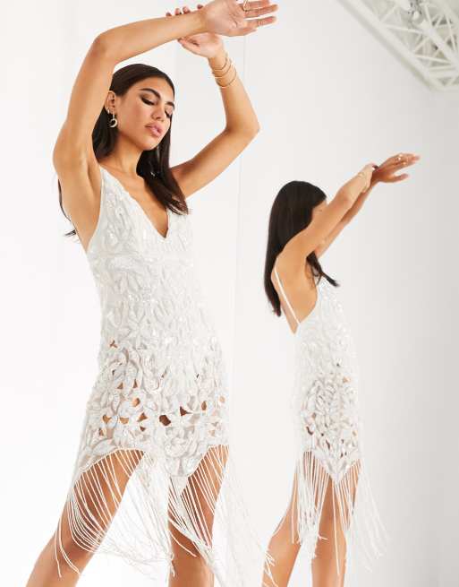 ASOS EDITION - Vestito midi di paillettes con spalline sottili, frange e cut-out, 4 di 4